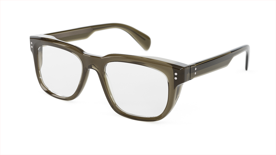 Translucent olive-green Old Khaki spectacles with integrated side shields on a white background