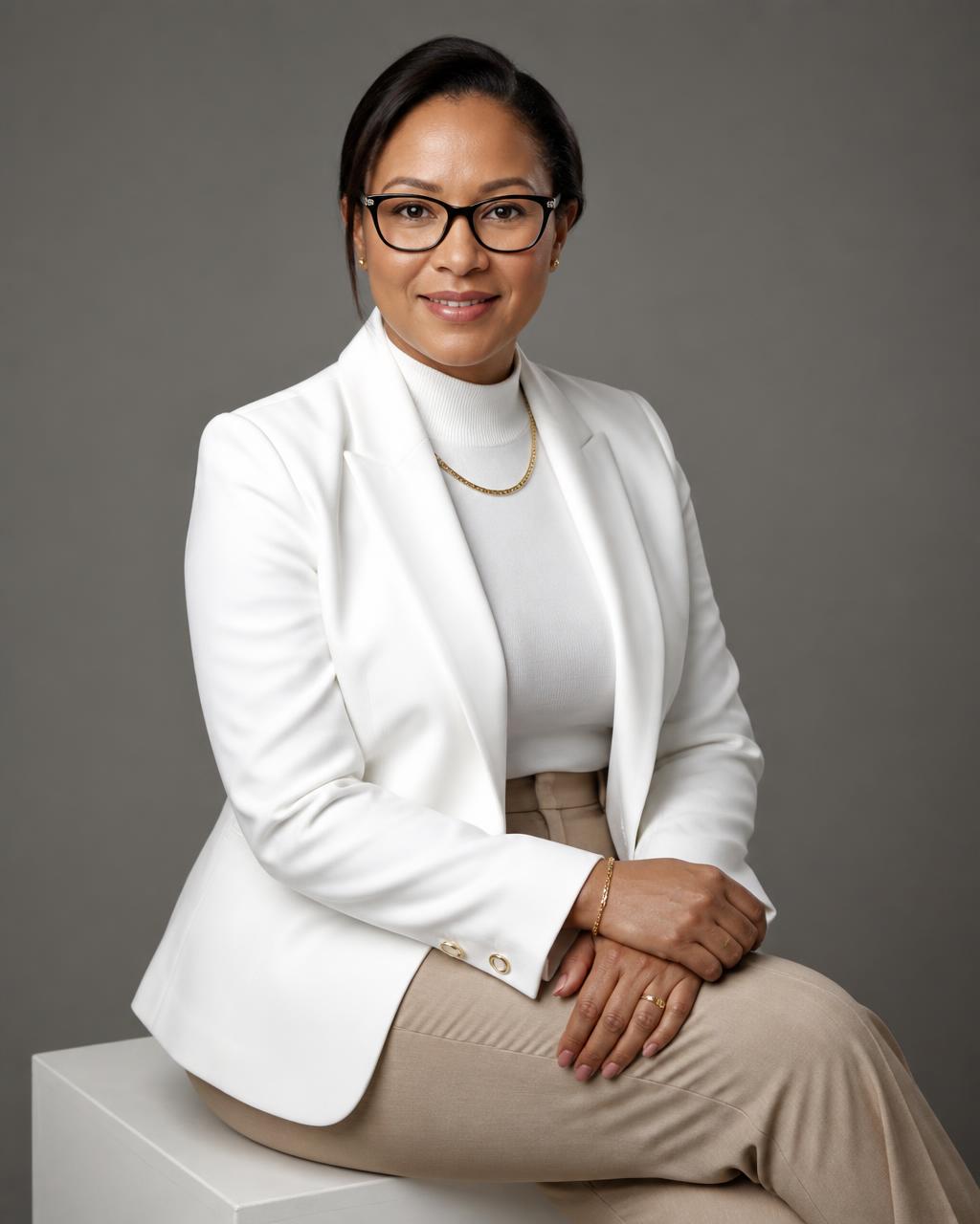 Studio portrait of an elegant woman in a white blazer wearing slim black ELLE eyeglasses against a grey backdrop
