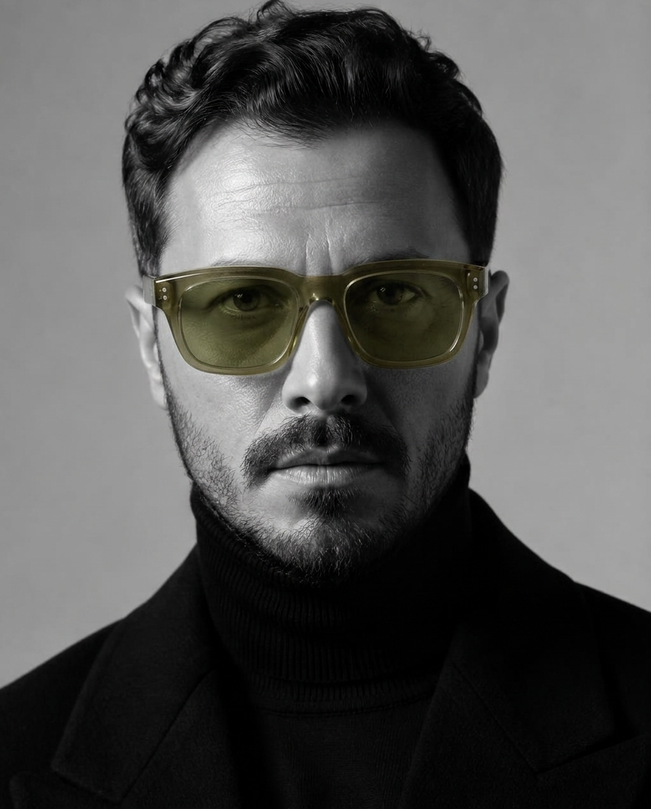 Black and white studio portrait of a man wearing translucent olive-green Old Khaki eyeglasses, the only colour in the frame