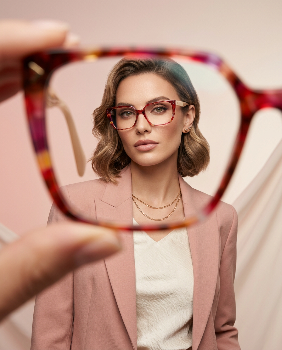 Editorial portrait of a woman in a blush blazer wearing red tortoiseshell LadyArt eyeglasses, framed through a second pair of glasses held near the camera