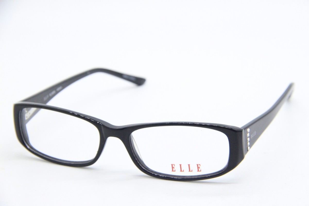 Slim glossy black rectangular ELLE spectacles with silver crystal temple accents on a white background