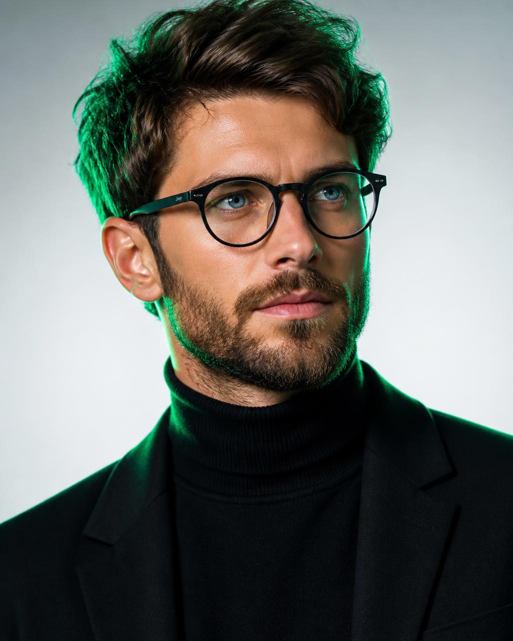 Editorial portrait of a man wearing matte black round designer eyeglasses