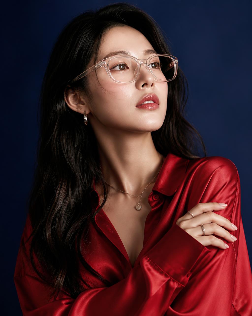 Editorial portrait of a woman in a crimson silk blouse wearing crystal-clear Poetry eyeglasses