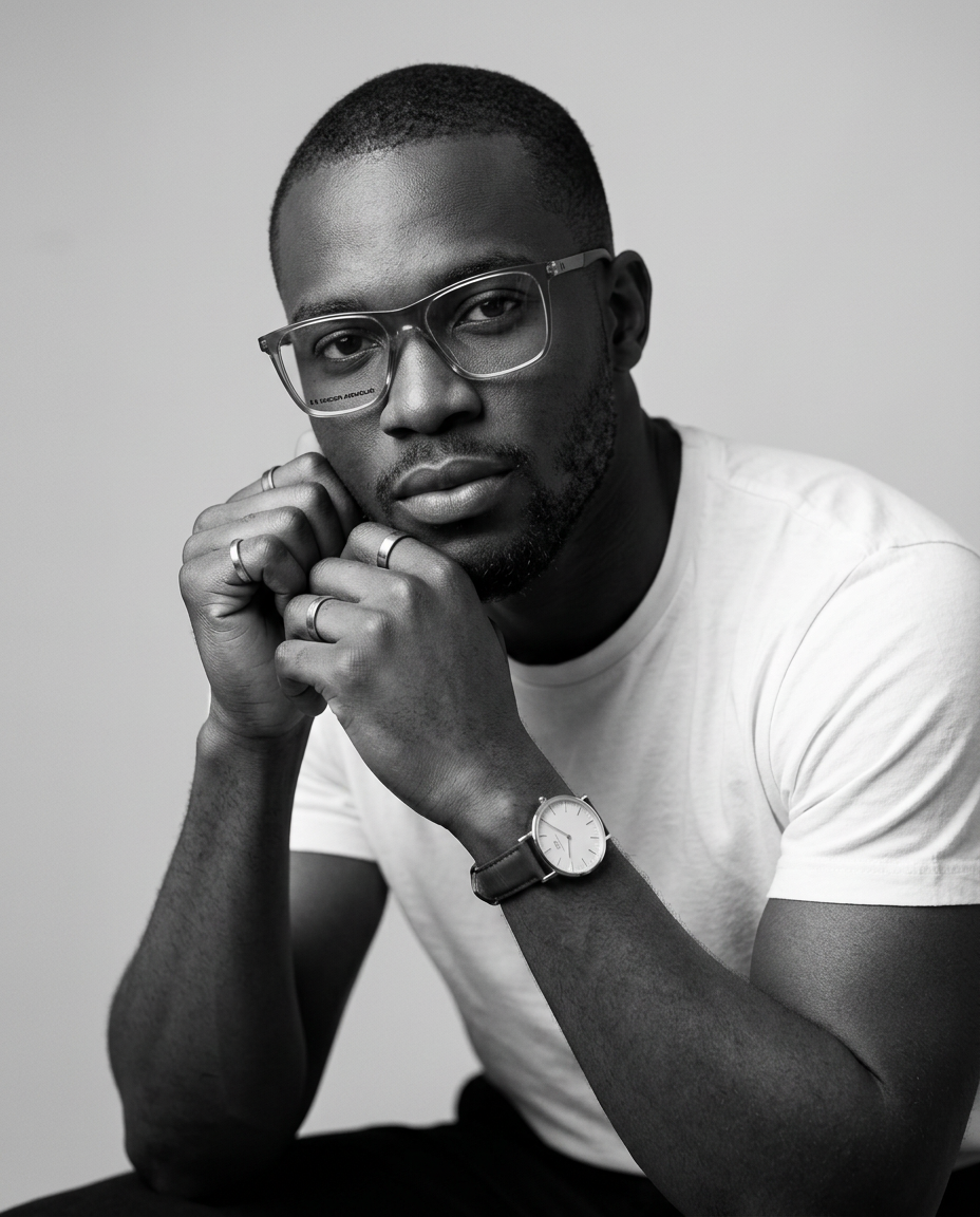 Black and white studio portrait of a man wearing grey translucent Under Armour eyeglasses